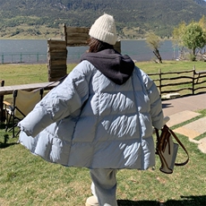 奶呼呼蓝色羽绒服女冬季2025新款中长款小个子宽松保暖面包服外套，女装羽绒服，2C177