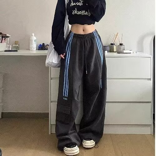 美式三条杠撞色条纹工装裤秋季新款高腰显瘦宽松直筒阔腿运动裤,男装工装外套,星座410-7