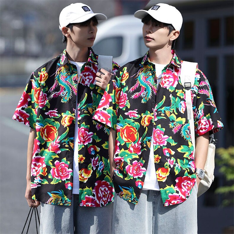 DC203男女中性风东北大花短袖衬衫衬衣外套民族风汉服团队服图片