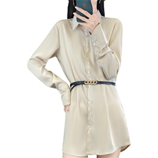 高级感醋酸缎面仿POLO领衬衫女气质收腰中长款长袖西装连衣裙，女装衬衫，朝贺羊绒