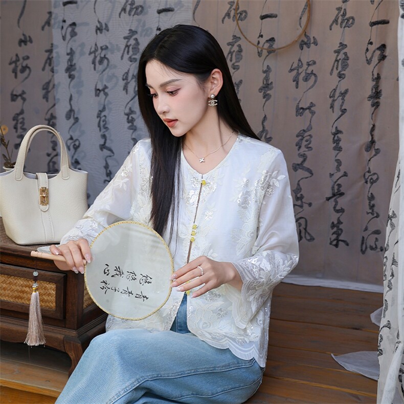 时尚复古新中式重工亮片刺绣风外套天丝就发现高级感小众衬衫图片