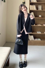 撞色拼接西装半身裙套装女2025春季新款超火ootd穿搭高级感两件套，女装套装/套裙，2D078