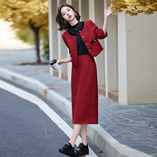 小香风名媛气质套装裙女2025春秋新款高级感红色包臀半身裙两件套，女装套装/套裙，奕薇雅