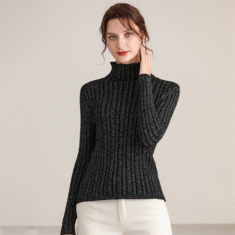 2025年秋季新款加金银丝麻花纹针织半高领羊毛上衣时尚休闲通勤，女装羊毛衫，洁纯羊绒