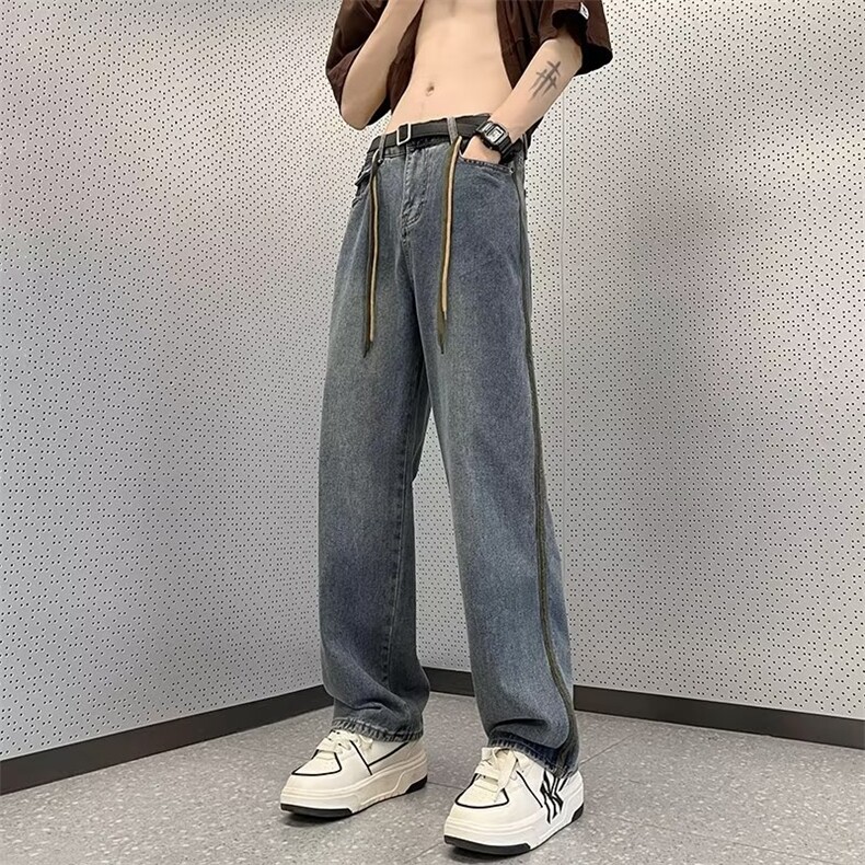 美式高街复古牛仔裤男夏季小众设计感宽松直筒痞帅裤子N07196-P42图片