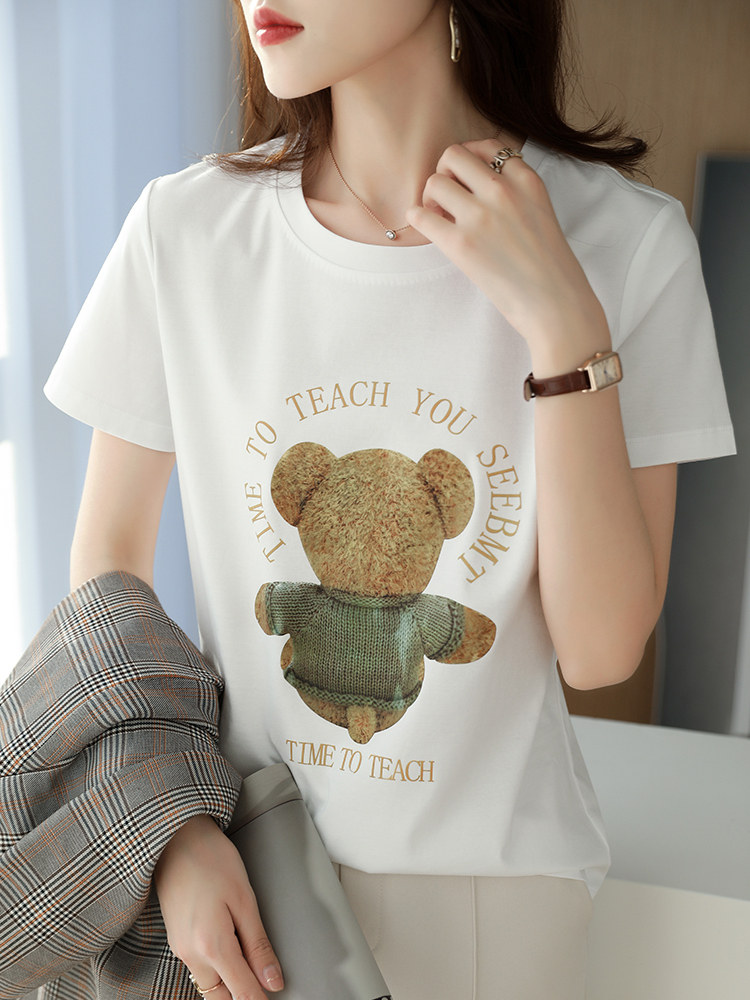小熊背影烫画夏季时尚小众个性棉T,女装T恤,元素羊绒