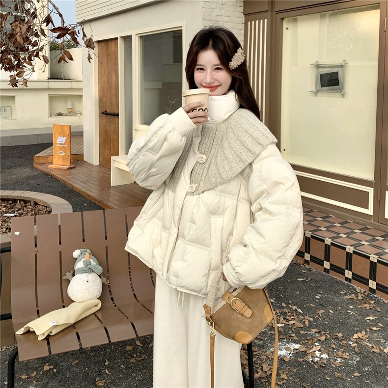 针织拼接短款羽绒服女冬新款设计感减龄巨好看新90保暖白鸭绒外套,女装羽绒服,2C159