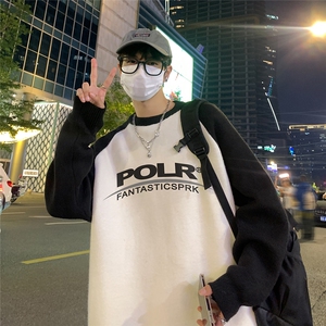 港风夜景 宽松时尚撞色插肩袖字母印花圆领毛衣M81003特批55控88图片