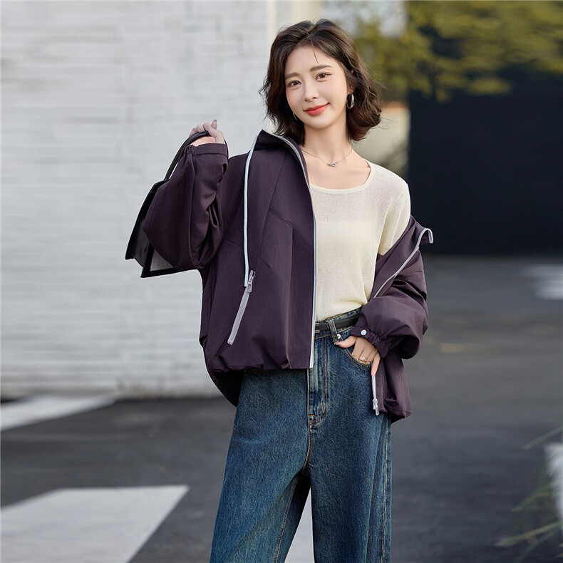 高级感拼色休闲连帽外套女2025秋新款宽松百搭显瘦冲锋衣夹克上衣,女装短外套,唯婧