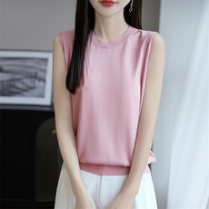 夏季新款简约休闲醋酸圆领无袖女士百搭时尚显瘦上衣，女装针织衫/毛衣，朝思羊绒