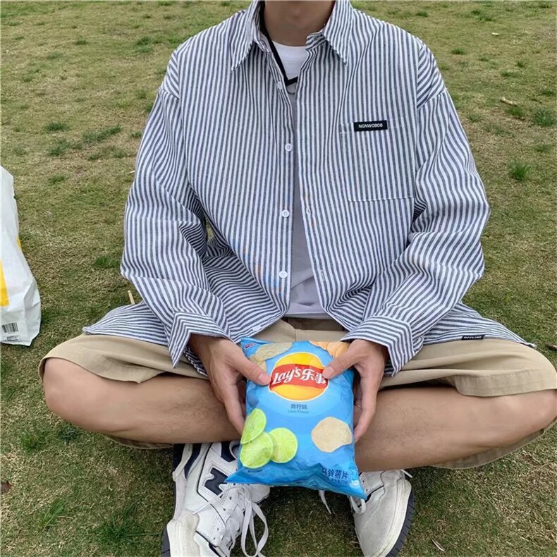 日系复古条纹长袖衬衫男港风潮流宽松休闲衬衣春秋外套CS755-p33,男装衬衫,星座1008