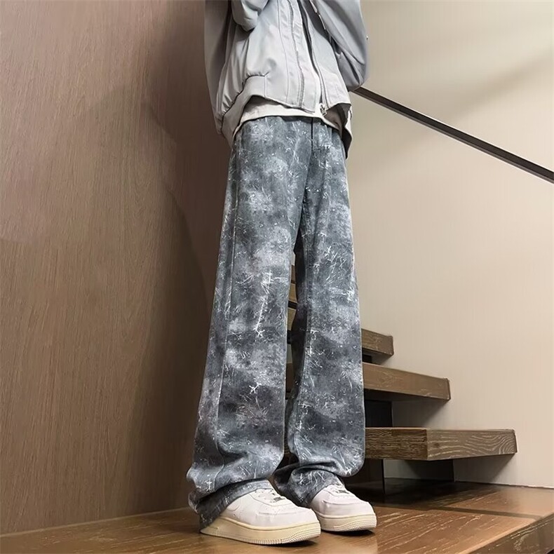 扎染牛仔裤男款潮牌痞帅炸街裤子美式高街vibe微喇长裤B399-P45,男装牛仔裤,星座1008