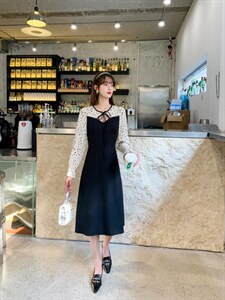 韩版甜美淑女时尚气质高雅淑女收腰拼色连衣裙,女装连衣裙,荷塘月色