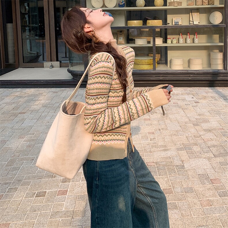 小香风条纹羊毛开衫外套女春秋2025年新款小个子盐系轻熟减龄上衣,女装短外套,天使之佳话