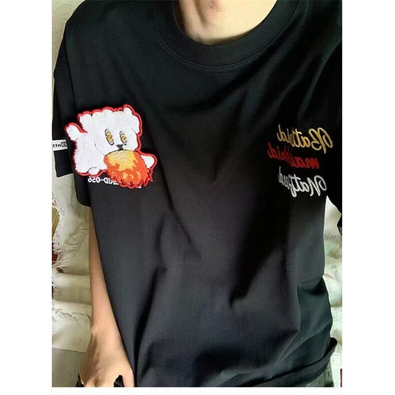 美式心情小狗系列刺绣魔术贴短袖T恤男女夏季情侣潮牌上衣TX1037，男装T恤，星座208-5