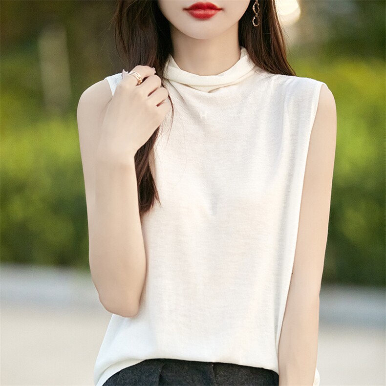 2025年夏季不连帽堆堆领时尚百搭无袖短袖，女装T恤，森墨