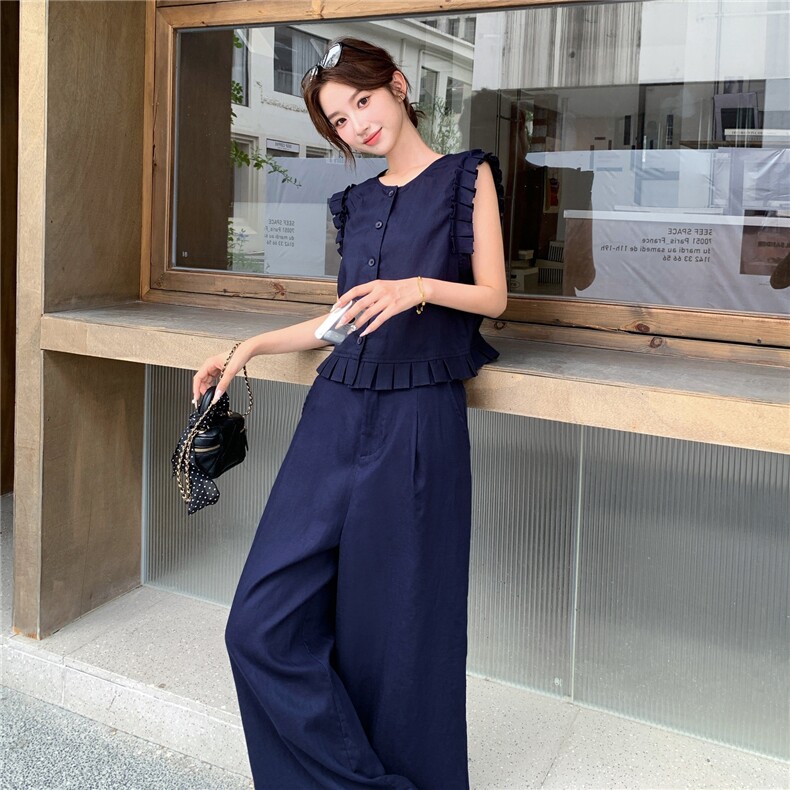 韩系木耳边无袖马甲套装女2025夏季新款气质显瘦百搭阔腿裤两件套,女装套装/套裙,浙宝208A
