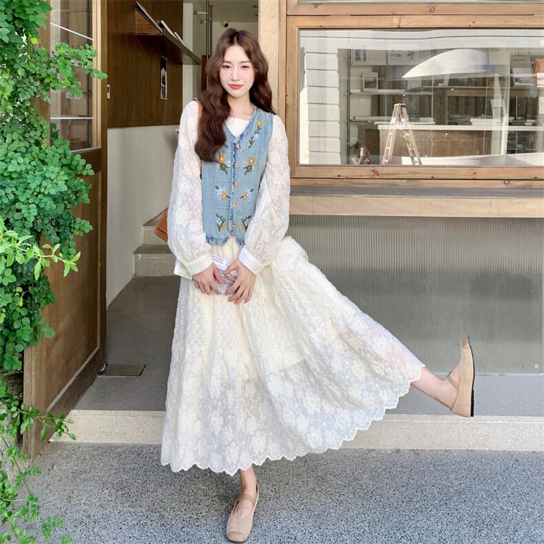 蕾丝提花连衣裙＋绣花牛仔马甲2C198-6302-P185K278,女装套装/套裙,2C198