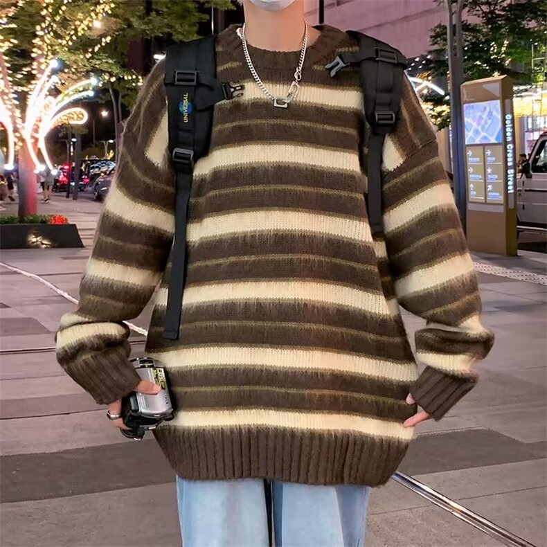 条纹针织衫男秋冬季宽松慵懒风毛衣美式复古痞帅上衣服Y5586-P50,男装针织衫/毛衣,星座1008