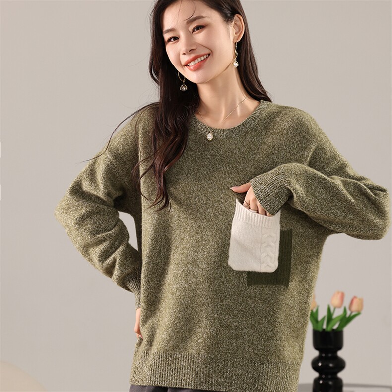 2024秋装新款简约时尚套头女士针织打底圆领羊毛上衣，女装羊毛衫，若菲羊绒