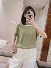 精仿拼色小狗刺绣短袖，女装T恤，珍珑羊绒