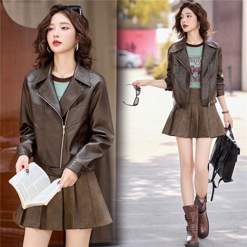 2025年秋季新款现货修身显瘦小翻领皮衣外套，女装皮衣，臻衣坊