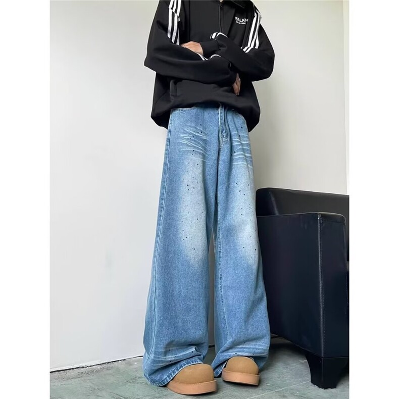 水洗蓝泼墨牛仔裤美式高街baggy宽松阔腿做旧直筒长裤子，男装牛仔裤，星座410-6（原星座1304-1）