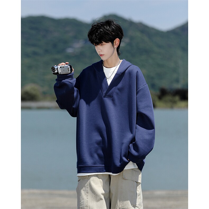 8XL-M叠穿假两件卫衣重磅连帽V领拼接套头衫宽松大码外套WY006P65，男装卫衣，电商B312