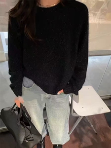 女半圆领法式慵懒风闪烁爱心针织亮丝长袖图片