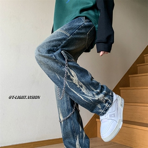 B221 美式ins高街小众个性链子扎染直筒牛仔裤 LK22082-P65 控88图片