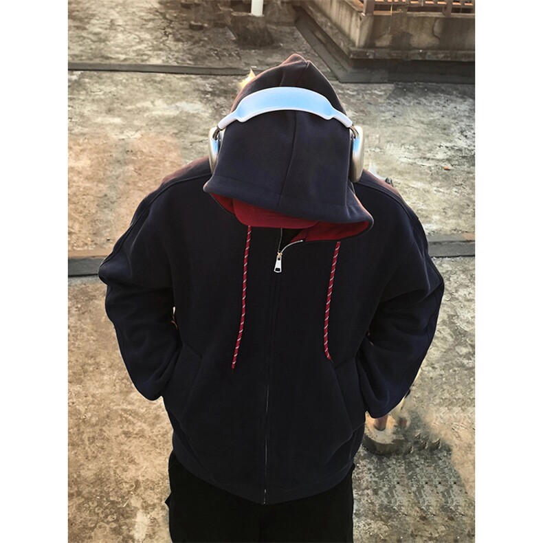 抖音得物二开美式高街重磅结构双层撞色连帽卫衣开衫外套W116,男装卫衣,电商A486