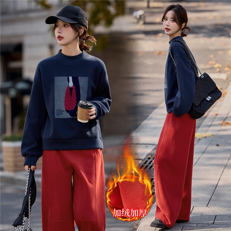 加绒卫衣套装女2026新款套头绣花圆领上衣直筒休闲百搭红色长裤,女装套装/套裙,梦懿尔