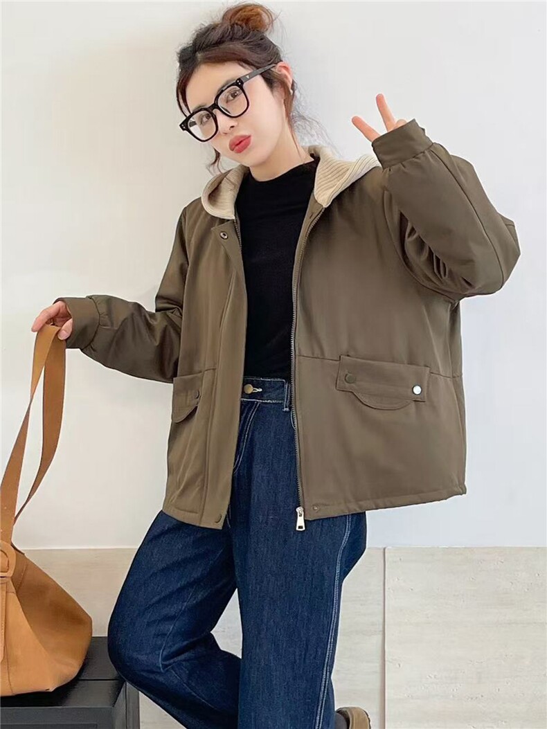 冬季加绒派克服棉衣女2025新款小个子针织连帽休闲工装棉衣外套,女装棉衣/棉服,江忆布依