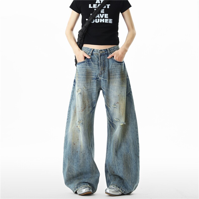 【现货】XZ612-K1227-P65 美式复古裂纹水洗做旧脏染破洞牛仔裤图片