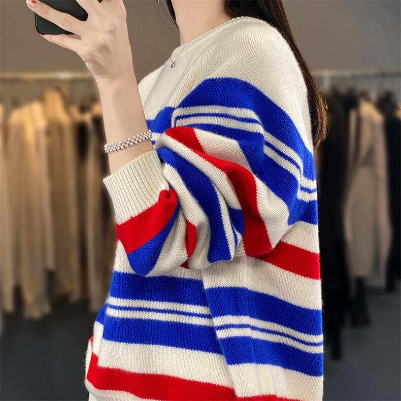 羊范24秋冬羊毛衫女加厚撞色条纹毛衣圆领韩版宽松针织长袖，女装羊毛衫，朝辰羊绒