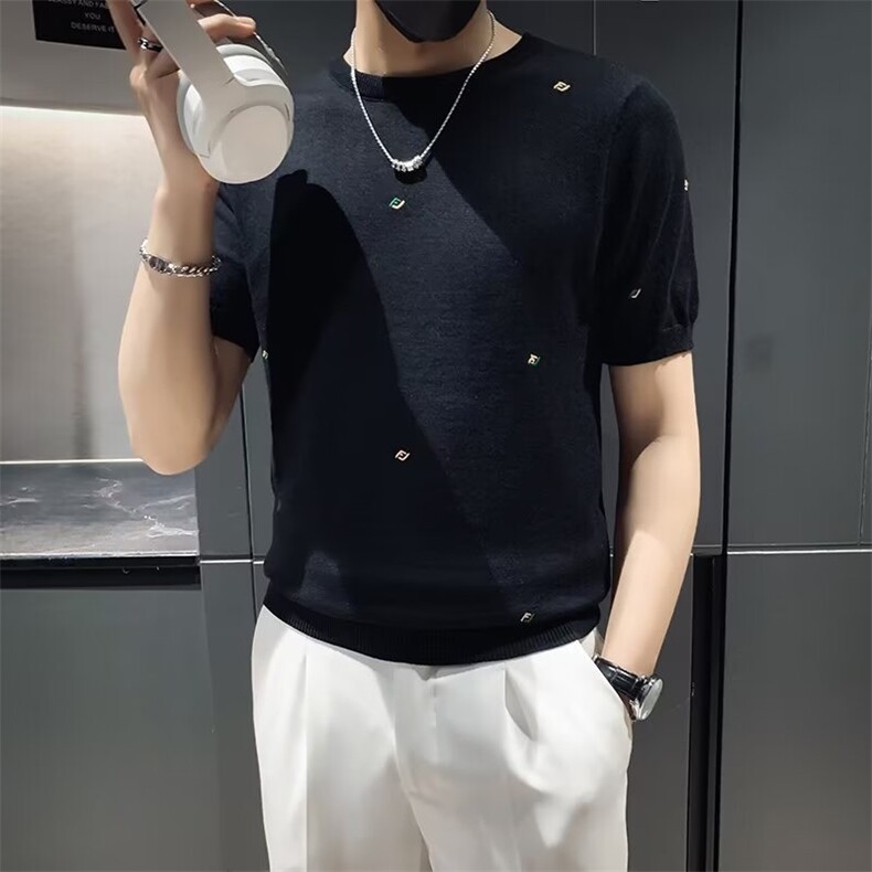 男士绣花针织衫半袖时尚圆领紧身半截袖丝光棉短袖毛衣 M865图片