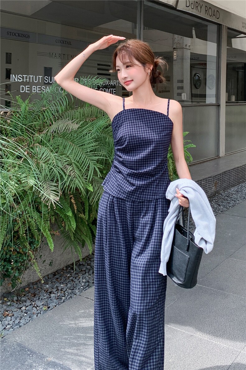 洋气时髦设计感复古格纹套装女2026春夏新款开衫吊带阔腿裤三件套,女装套装/套裙,艾米莉亚