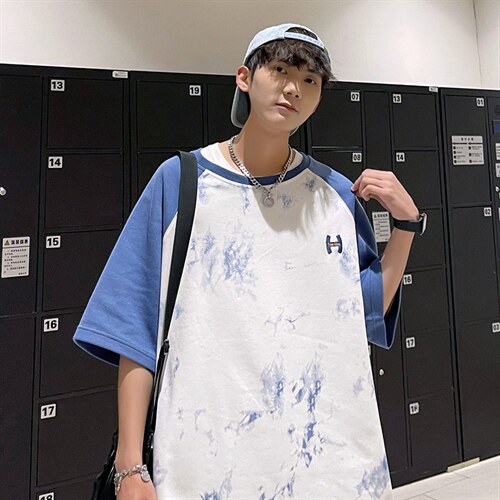 新款夏季短袖珠地面料宽松刺绣印花假两件男士T恤ZDY3414-P50，男装T恤，星座717