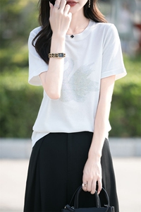 凉感竹节麻圆领镶钻短袖T恤女2025年新款夏季薄款打底衫半袖体恤图片