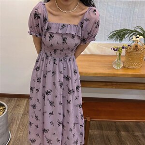植绒印花薰衣草连衣裙图片