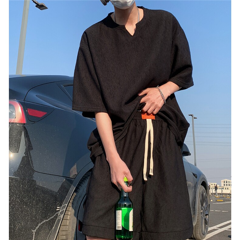 2026夏V领短袖冰丝T恤套装大码男纹理提花半袖 TZ5677/特P45 黑5图片