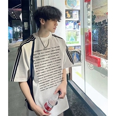 抖音得物品质二开240克宽松纯棉美式潮牌印花三条杠中性风短袖T恤，男装T恤，电商A486-1