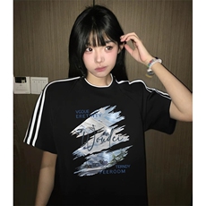 抖音得物高品质二开240克宽松纯棉美式潮牌三条杠织带短袖T恤，男装T恤，电商A486-1