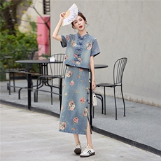 现货主推2026年夏季新款女时尚复古印花轻薄牛仔新中式两件套裙，女装套装/套裙，关键词