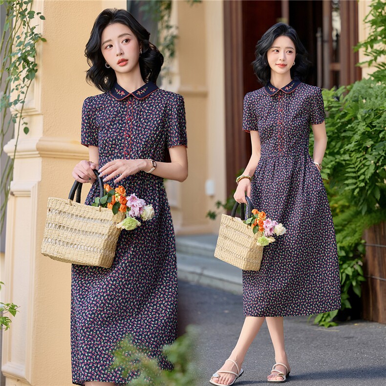 田园风碎花刺绣连衣裙女春夏收腰显瘦中长裙（细节图颜色为准）,女装连衣裙,水衣源