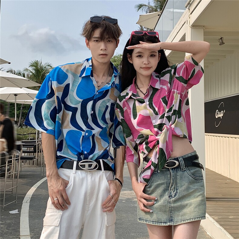港风复古夏威夷满印短袖cleanfit花衬衫男女泰式情侣休闲沙滩衬衣,男装衬衫,电商C306-1