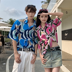 港风复古夏威夷满印短袖cleanfit花衬衫男女泰式情侣休闲沙滩衬衣，男装衬衫，电商C306-1