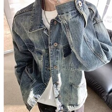 牛仔外套男士春秋复古做旧水洗翻领双口袋夹克上衣潮XX8849P73，男装工装外套，星座1013-5