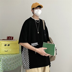 新款港风短袖T恤字母印华棋盘格拼接宽松ns潮牌上衣TC3109-P28图片