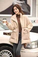 冬季羊羔毛拼接羽绒服外套，女装羽绒服，紫燕千娇